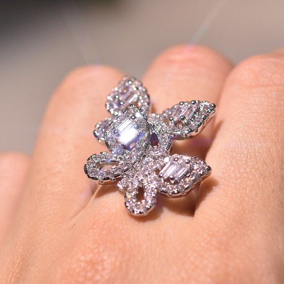 NEW 925 Silver Diamond Double Butterfly Ring - Picture 2 of 14